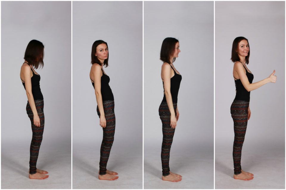 woman with impaired posture position defect scoliosis and ideal