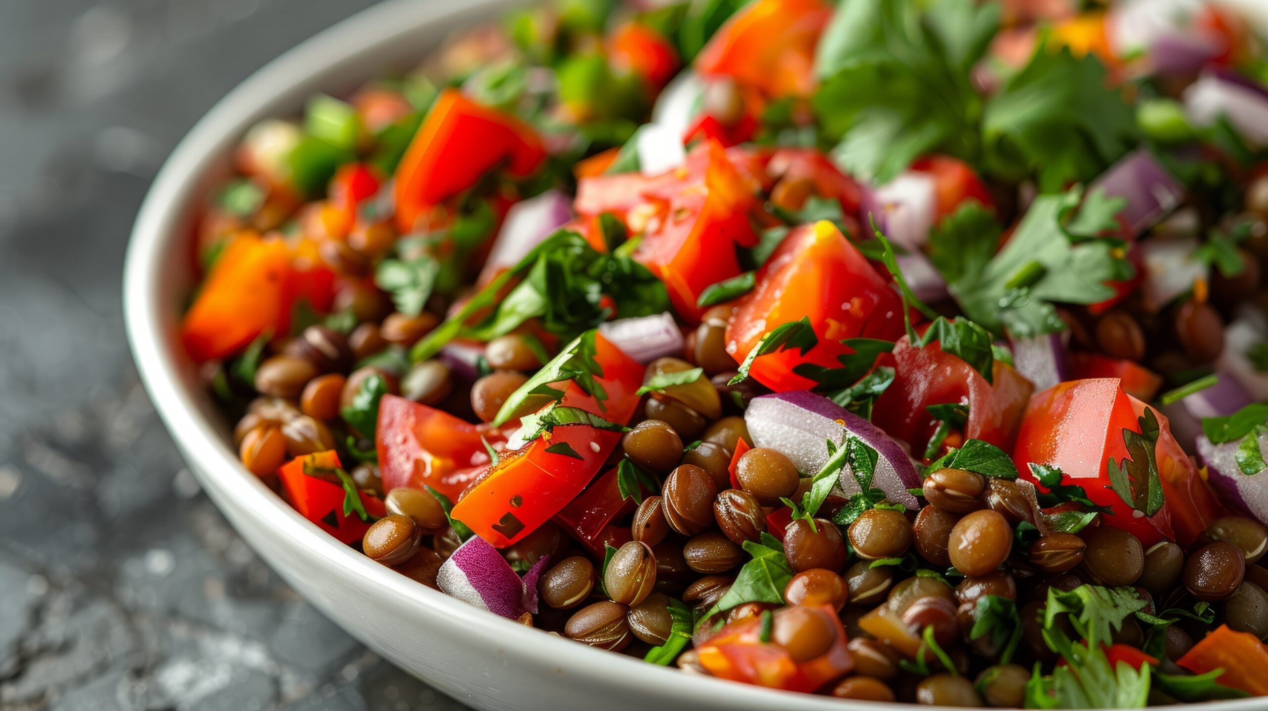 L’insalata fredda di lenticchie, pomodori e cipolla è un piatto unico, fresco, estivo e nutriente.