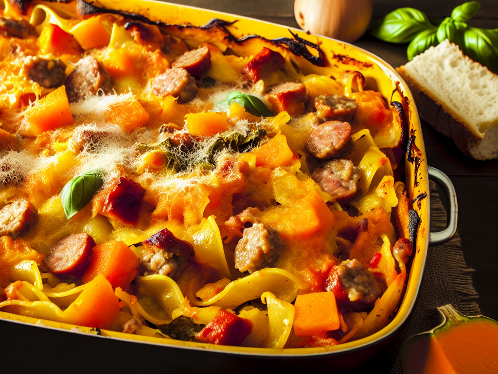 Pasta al forno con zucca e salsiccia